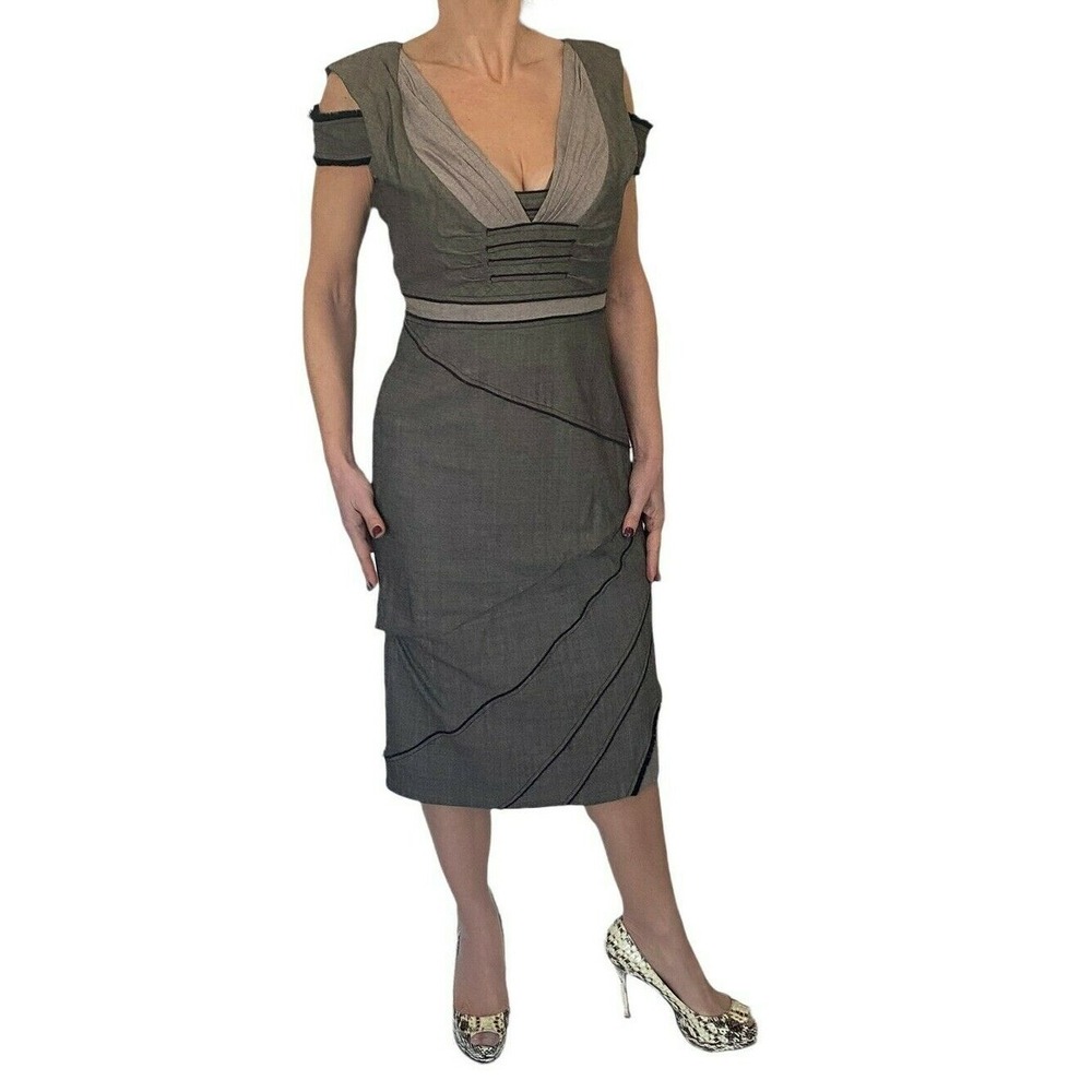 Zac Posen Womens Dress Brown Wool Cold Shoulder V- Neck Midi Sz 10 NWT $1350 - Picture 8 of 9